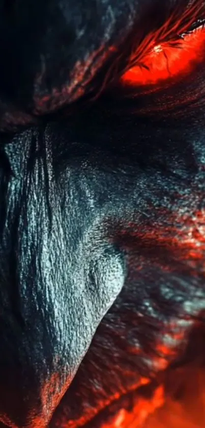 Close-up of dark creature with fiery eyes and intense gaze.