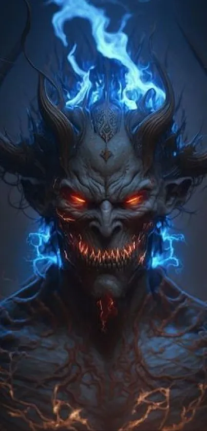 Dark demon with fiery blue and red flames mobile wallpaper.