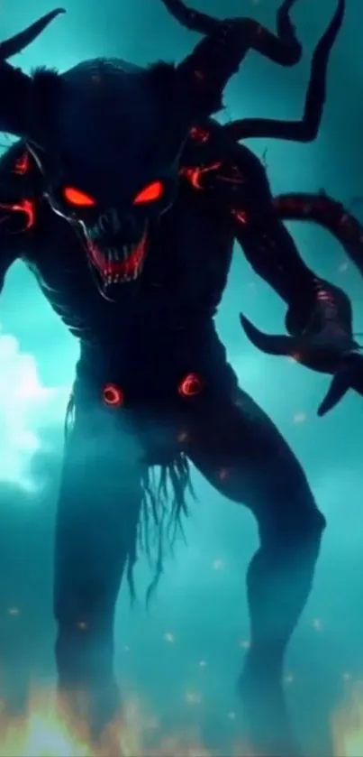Dark fiery demon with glowing eyes and supernatural aura.
