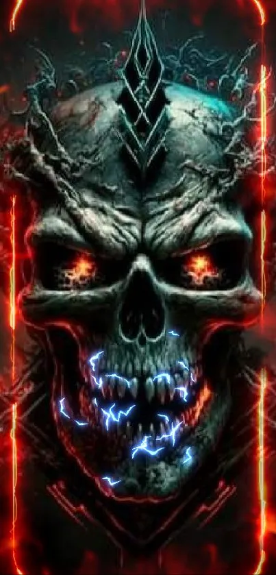 Dark fiery skull art wallpaper with gothic elements for mobile screen.