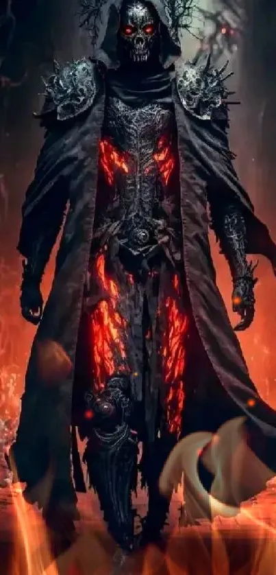 Dark warrior in fiery gothic armor with mystical flames.