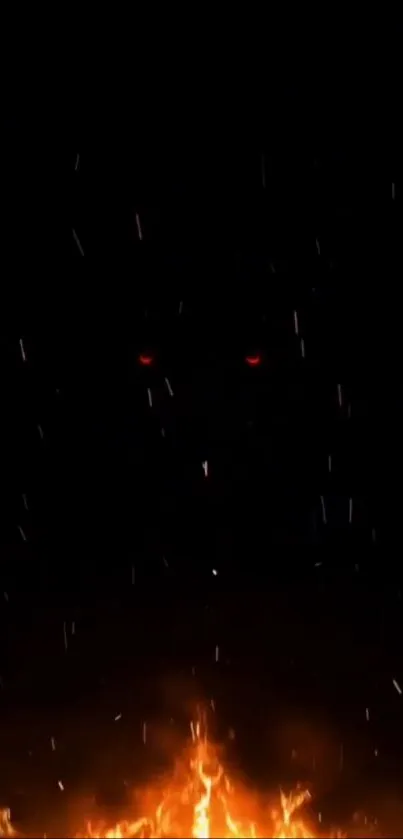 Dark wallpaper with red eyes and fiery flames.