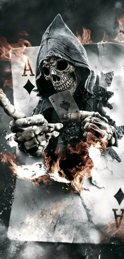 Hooded skull holding flaming playing card in gothic style.