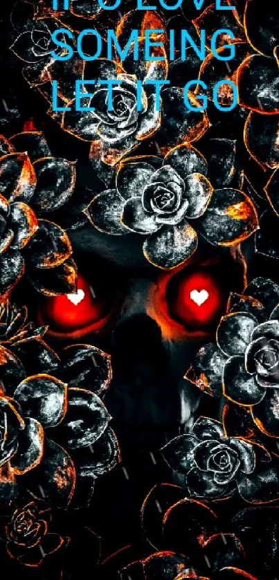 Dark floral wallpaper with glowing red eyes and roses.