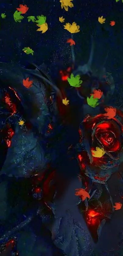 Dark floral wallpaper with glowing red roses and colorful autumn leaves.