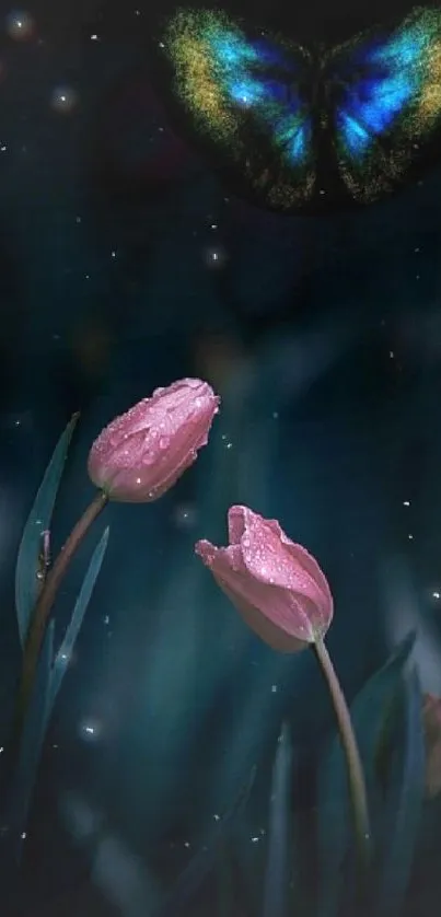 Elegant dark wallpaper with pink tulips and blue butterfly.