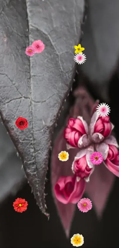 Dark gray leaves with vibrant red blossom on a minimalist wallpaper.