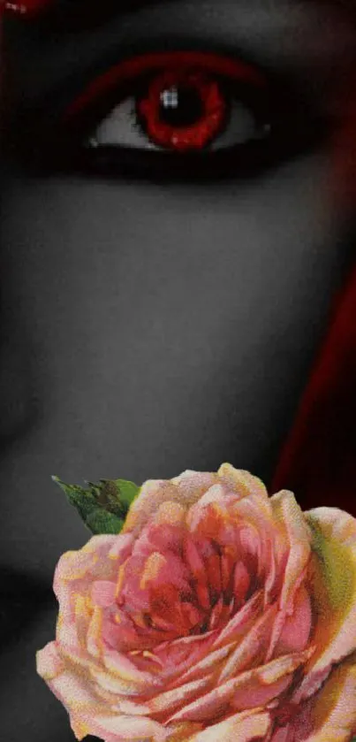 Dark-themed wallpaper with a striking red eye and a vibrant pink rose.