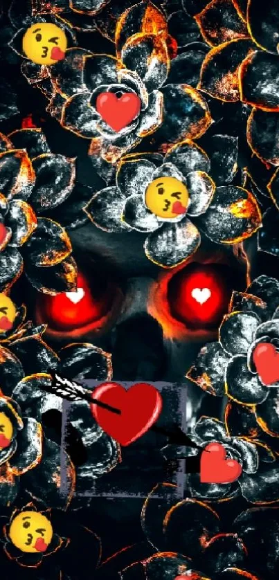 Dark floral pattern with red eyes and emojis.