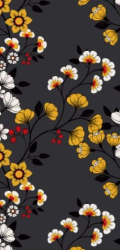 Dark floral pattern wallpaper with yellow and white flowers on a dark grey background.