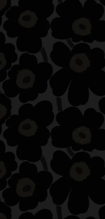 Dark floral wallpaper with black flowers and subtle grey background.