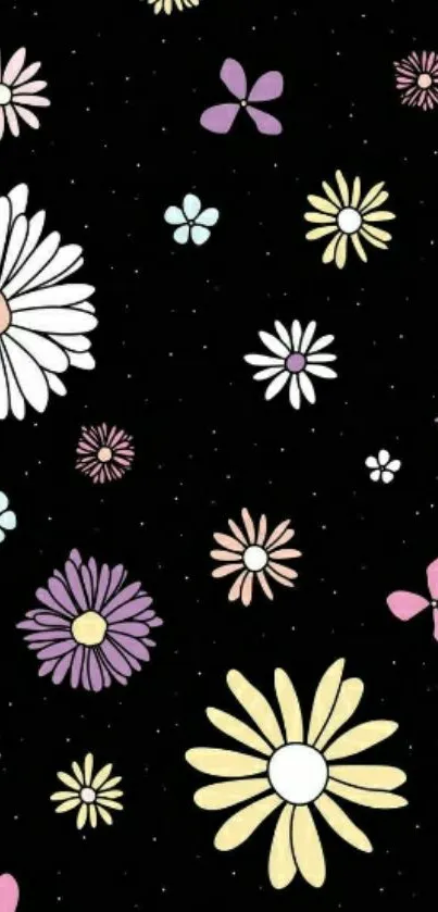 Dark black wallpaper with colorful floral design.