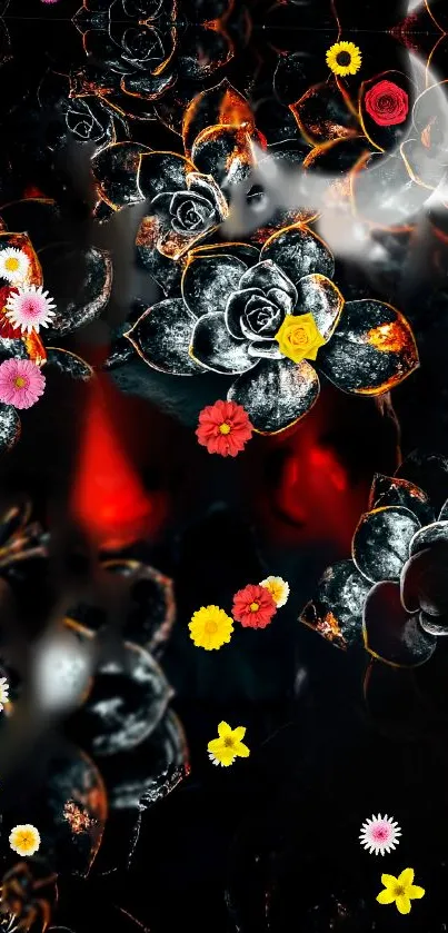 Dark floral skull wallpaper with red eyes.