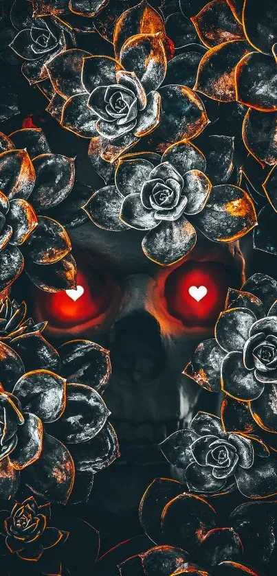 Skull with glowing red eyes surrounded by detailed roses.