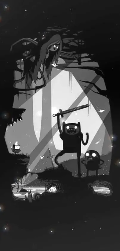 Dark forest adventure art with fantasy characters.