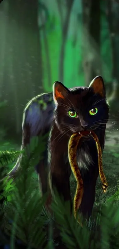 Black cat with green eyes in dark forest wallpaper.