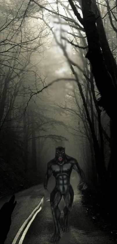 Mysterious creature in a dark forest on a shadowy road wallpaper.