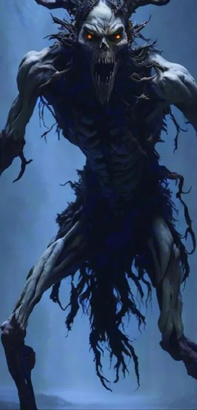 Eerie dark creature in a mystical forest setting, designed for a phone wallpaper.