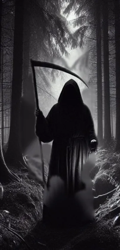 Grim Reaper standing in a dark forest setting, exuding an eerie vibe.