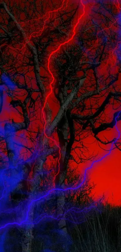 Dark forest with red and blue lightning strikes creating an electrifying scene.