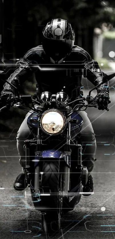 Motorcyclist rides through dark forest road.