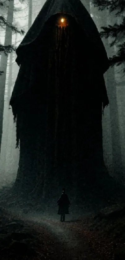 Mysterious cloaked figure in a dark, eerie forest with heavy shadows.