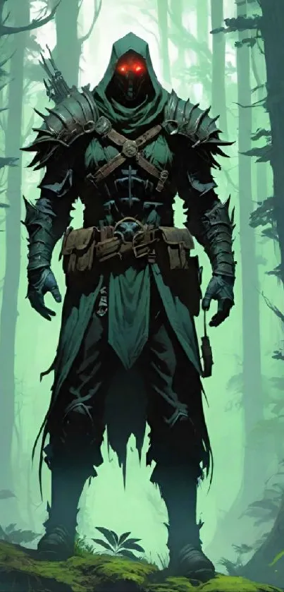 Dark forest ranger with glowing red eyes, standing in a mystical woods.