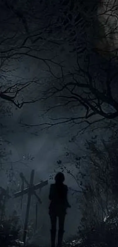 A dark forest silhouette backdrop with eerie branches and a lone figure.