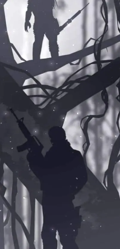 Silhouetted figures in dark forest setting wallpaper.