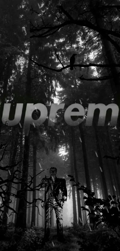 Dark forest scene with Supreme logo and silhouette.