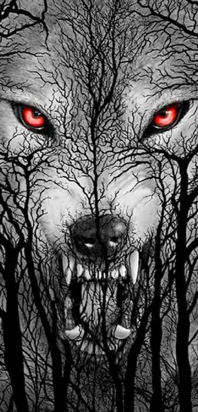 Dark forest wolf with red eyes blending with tree branches.