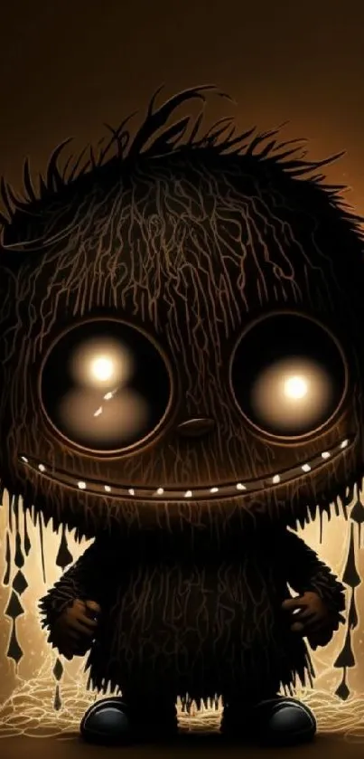 Dark furry creature with glowing eyes on a brown background.