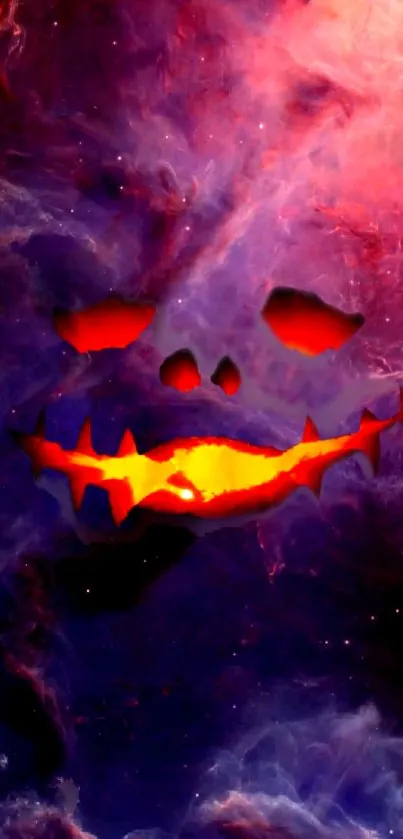 Fiery red skull on a dark galaxy background.