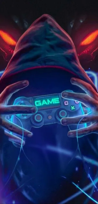 Hooded gamer holding a glowing controller with neon lights.
