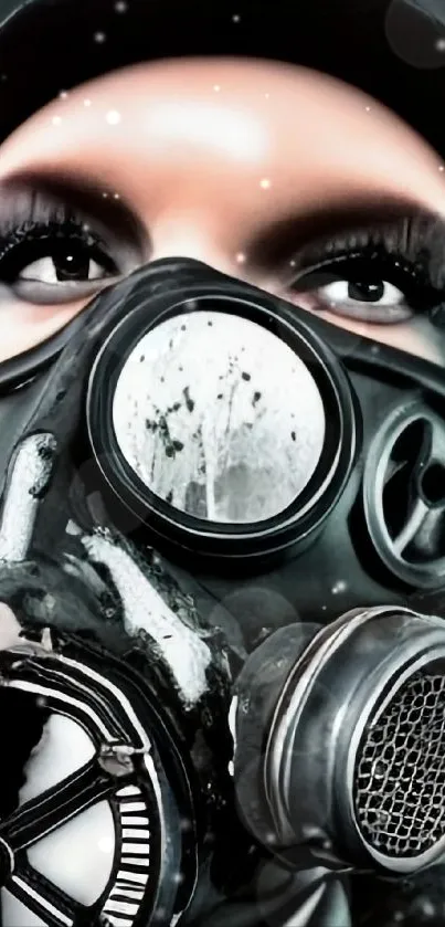 Close-up of dark gas mask on person, cinematic style.