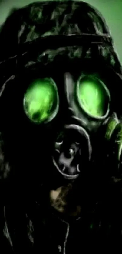 Dark wallpaper featuring a gas mask with glowing green eyes.