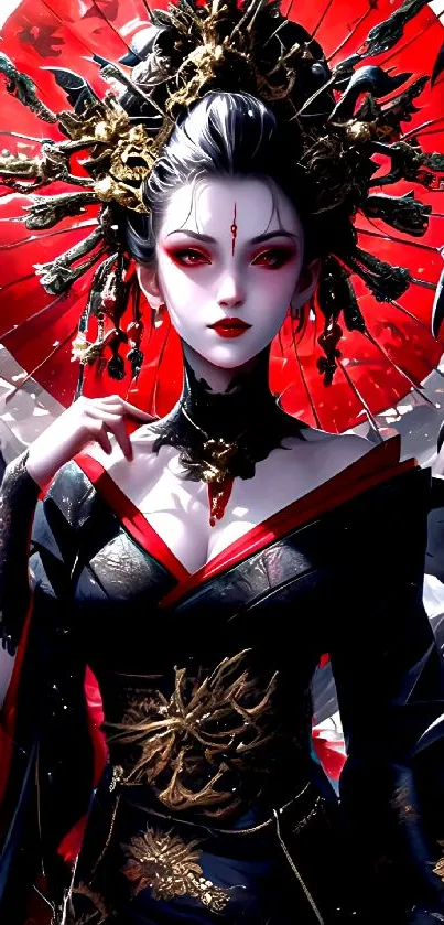 Dark geisha with red parasol in fantasy setting.