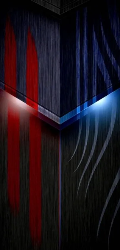 Dark geometric wallpaper with red and blue lights.