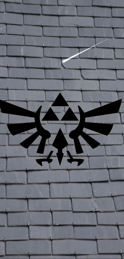 Dark geometric tile pattern with a black emblem in the center.