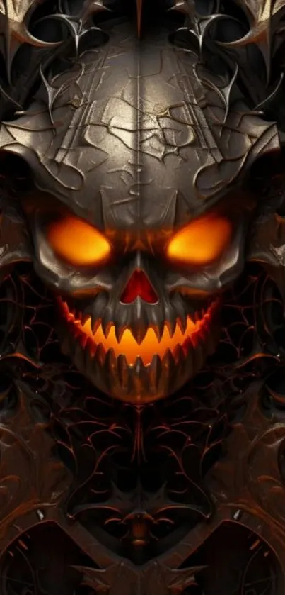 Dark skull with glowing orange eyes on a textured background.