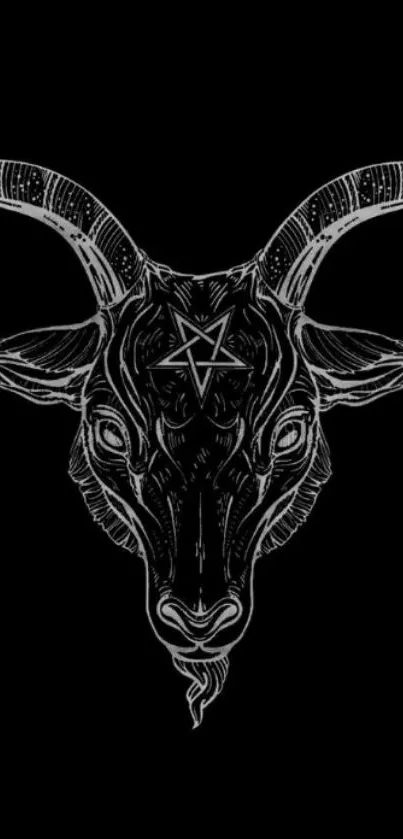 Dark goat head illustration on black wallpaper.