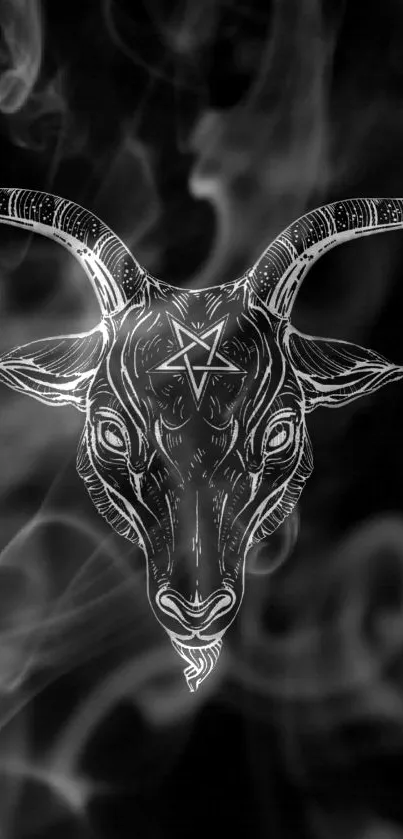 Intricate goat skull art with smoky effects on black background.