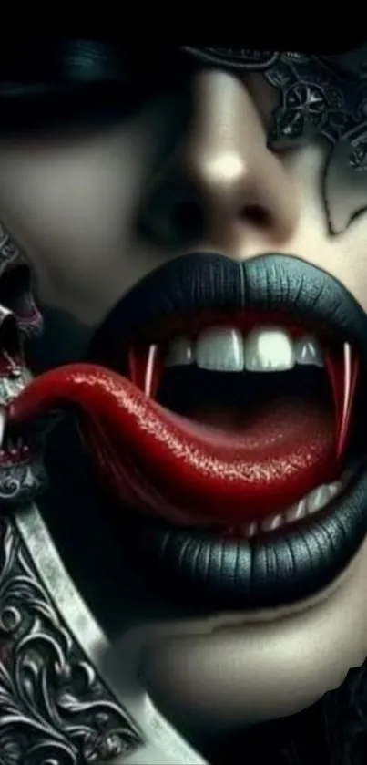 Vampire with gothic black lipstick and fangs, featuring a red tongue.