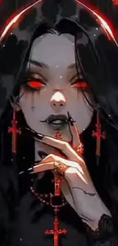 Gothic anime character with red eyes and crosses