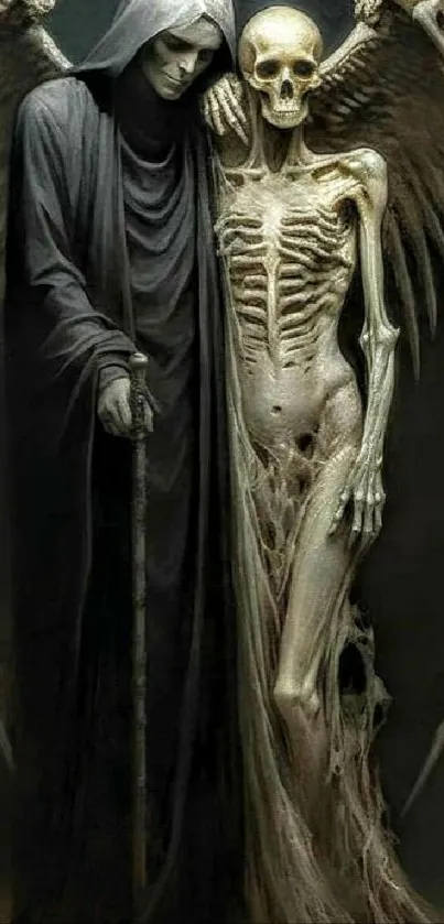Dark Gothic wallpaper with skeletal figures.