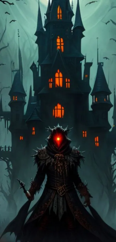 Dark gothic castle with shadowy figure, bats, and eerie atmosphere.