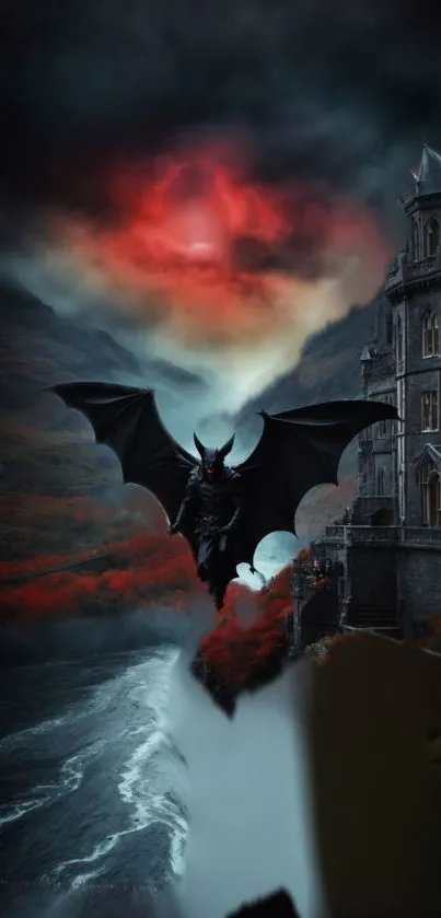 Dramatic Gothic castle with a winged creature under a dark sky.