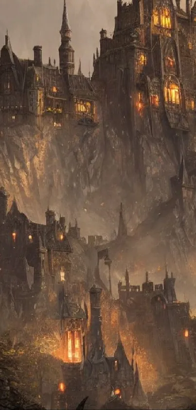 Dark gothic castle with glowing windows against a misty mountain backdrop.