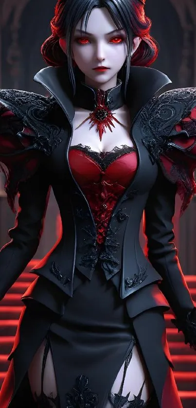 Gothic character with red eyes stands in a dark, ornate outfit.