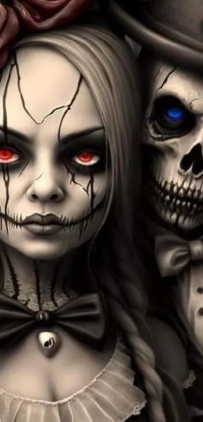 Gothic couple with vivid red and blue eyes in dark wallpaper.